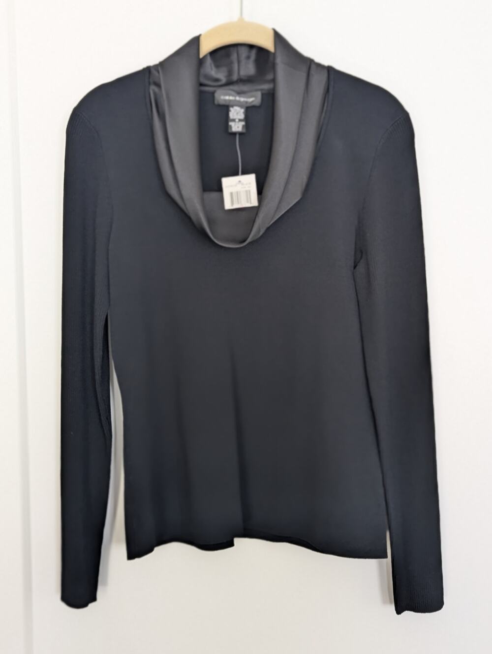 Cable & Gauge Top S Black Satin Drape Cowl Neck Ribbed Knit Sweater NWT Chic